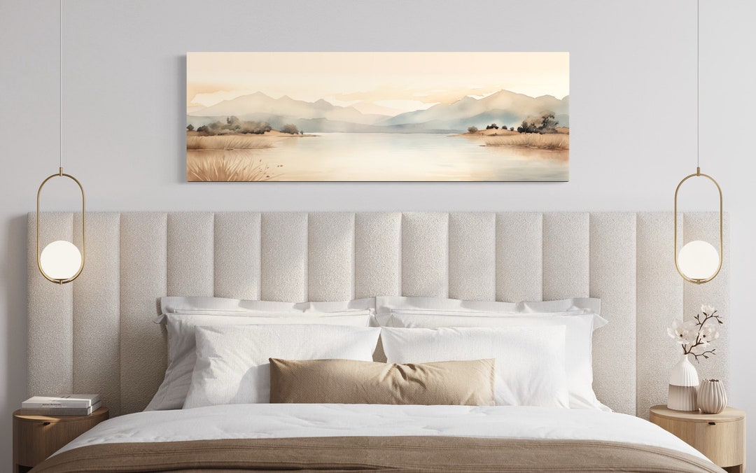 neutral-beige-watercolor-over-bed-wall-art-mountains-lake-painting