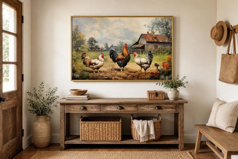 Farmhouse Wall Art, Roosters Chickens Retro Painting Canvas PRINT, Farm Wall Decor, Farm Kitchen Art Framed Unframed Ready to Hang image 16