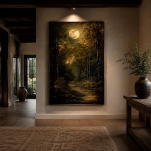 Dark Moonlit Gothic Forest Painting Canvas PRINT, Halloween Wall Art, Dark Academia Eerie Moody Decor Framed Ready To Hang