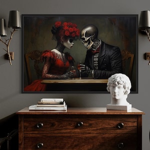 Romantic Gothic Wall Art Skeleton Couple Lovers Painting Canvas PRINT, Dark Academia Moody Wall Decor, St Valentines Gift Ready To Hang