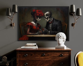 Romantic Gothic Wall Art Skeleton Couple Lovers Painting Canvas PRINT, Dark Academia Moody Wall Decor, St Valentines Gift Ready To Hang