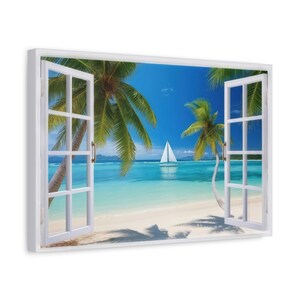 Fake Window Canvas - Tropical Caribbean Beach And Sail Boat View From Open Window Painting - Nature Landscape Canvas Print Ready To Hang