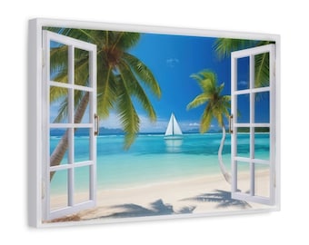 Fake Window Canvas - Tropical Caribbean Beach And Sail Boat View From Open Window Painting - Nature Landscape Canvas Print Ready To Hang