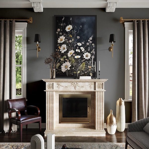 Pretty Wildflowers Chamomiles On Black Wall Art, Floral Farmhouse Painting, Minimalist Boho Modern Wall Decor, Framed Botanical Canvas PRINT