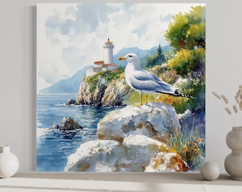 Coastal Wall Art, Seagull And Lighthouse Painting Canvas Print, Beach House Wall Decor Framed Ready To Hang