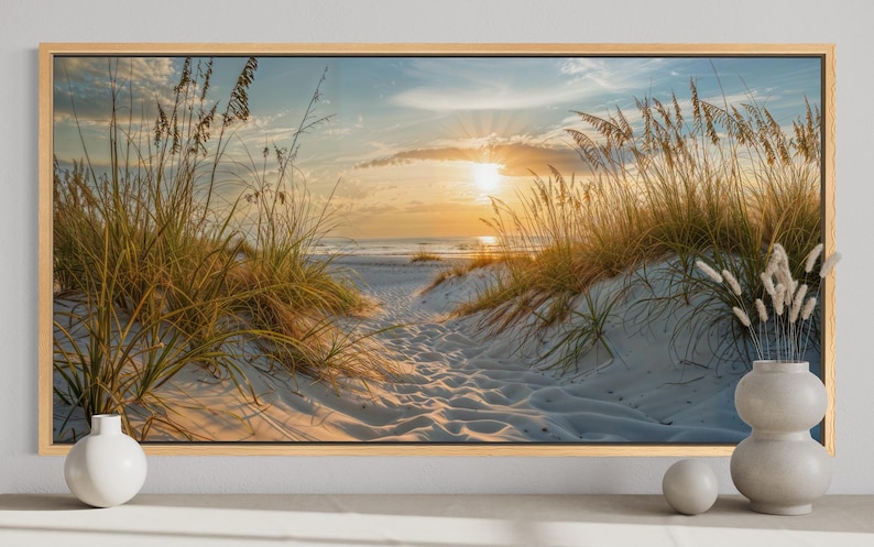 Beach Sunset Sand Dunes Wall Art - Calm Seascape Coast Painting ...