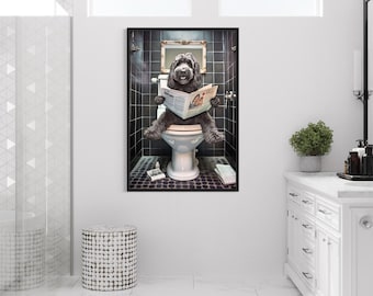 Black Goldendoodle Dog On The Toilet Reading Newspaper, Funny Bathroom Art, Toilet Humor Animal Canvas Print Framed Unframed Ready To Hang