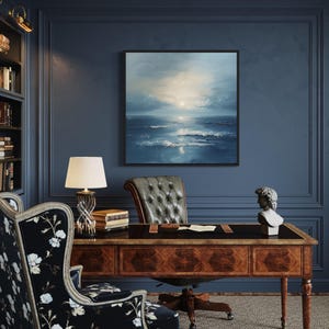 Abstract Ocean Wall Art, Blue Grey Coastal Ocean Waves Painting Square Canvas Print Framed  Ready To Hang