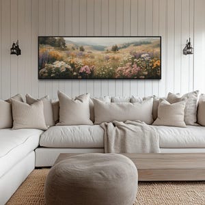 Wildflower Meadow Landscape Long Horizontal Wall Art Above Couch Painting Framed Ready To Hang