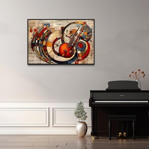 a modern art painting of a piano, a black piano, and a vase with a plant, all set against a white wall.