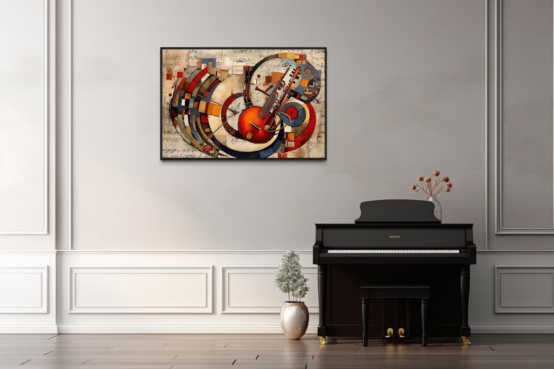 a modern art painting of a piano, a black piano, and a vase with a plant, all set against a white wall.