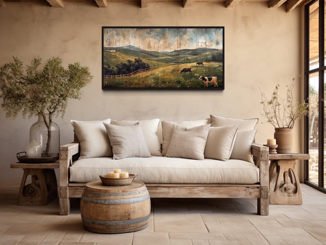 Visual Reference: Rustic Distressed Farm Wall Art Pastoral Landscape With Cows Painting