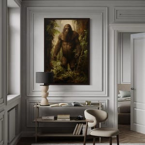 Bigfoot In The Forest Painting Canvas PRINT, Sasquatch Wall Art, Yeti Art Print Poster, Man Cave Decor Ready To Hang