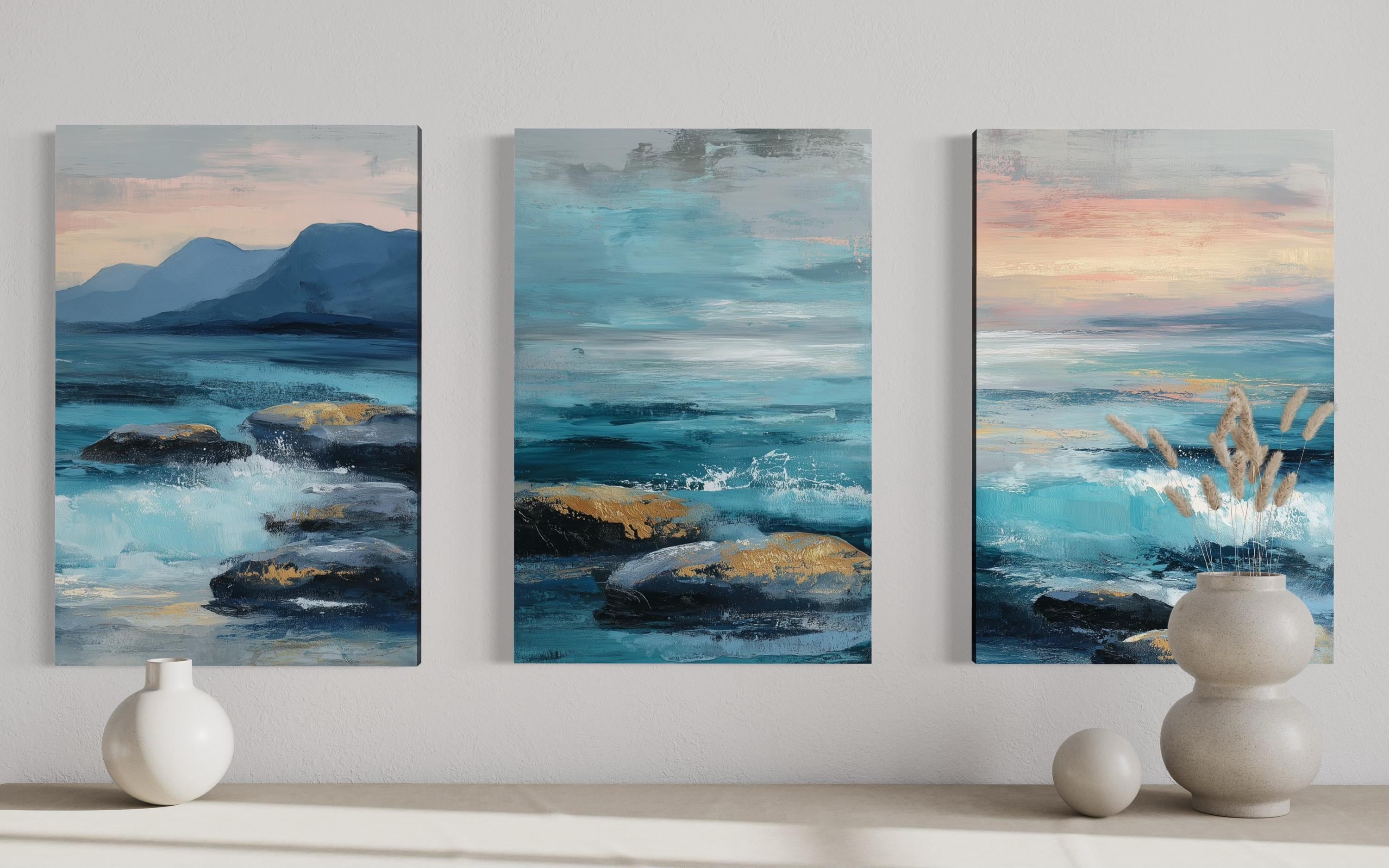 Coastal Ocean Set of 3 Canvas Wall Art – Blue Teal Seascape Waves ...