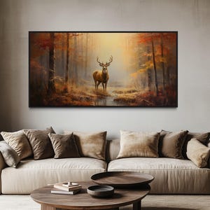 Deer Stag In Autumn Forest Extra Large Wall Art - Fall Cabin Art, Elk Painting Printed On Canvas Framed, Unframed, Ready To Hang