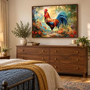 May include: A rectangular wall art print featuring a vibrant rooster with red, orange, and blue plumage standing in a lush, colorful forest setting. The artwork is displayed in a thin brown frame and mounted on a wall above a wooden dresser.