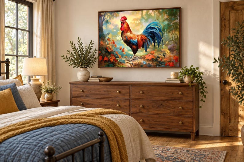 May include: A rectangular wall art print featuring a vibrant rooster with red, orange, and blue plumage standing in a lush, colorful forest setting. The artwork is displayed in a thin brown frame and mounted on a wall above a wooden dresser.