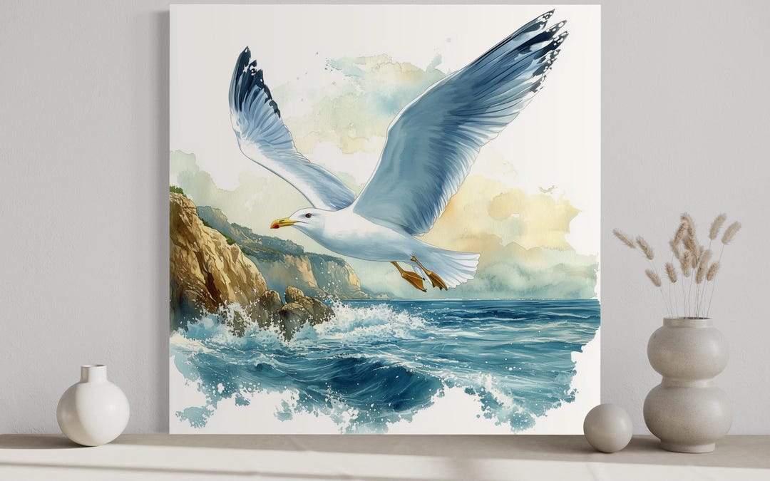 Seagull Flying Over Ocean Waves Painting Canvas Print, Coastal Wall Art ...