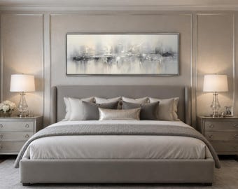 Over Bed Wall Art, Minimalist Abstract Silver Gray Panoramic Painting Long Horizontal Canvas PRINT, Over Couch Living Room Art Ready To Hang