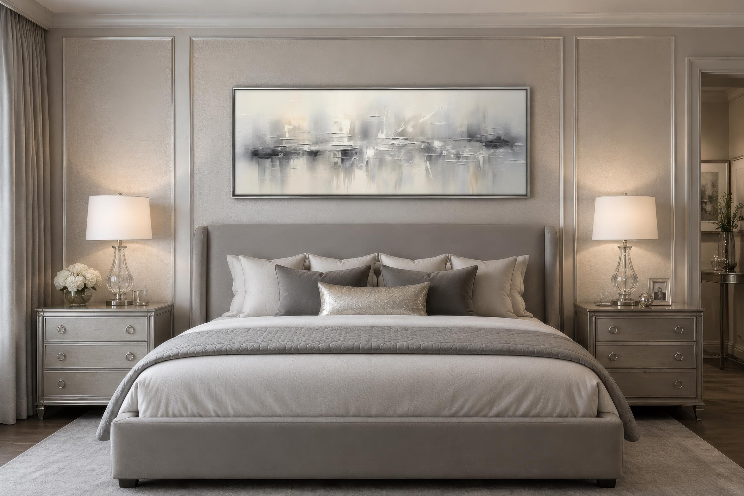 Over Bed Wall Art, Minimalist Abstract Silver Gray Panoramic Painting Long  Horizontal Canvas PRINT, Over Couch Living Room Art Ready to Hang - Etsy