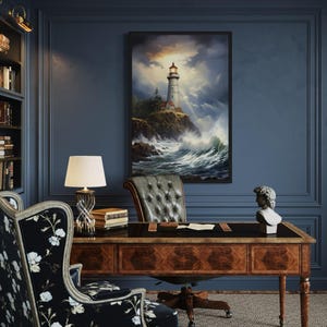 a serene and elegant office space with a large painting of a lighthouse on the wall, a wooden desk with a lamp, and a comfortable armchair.