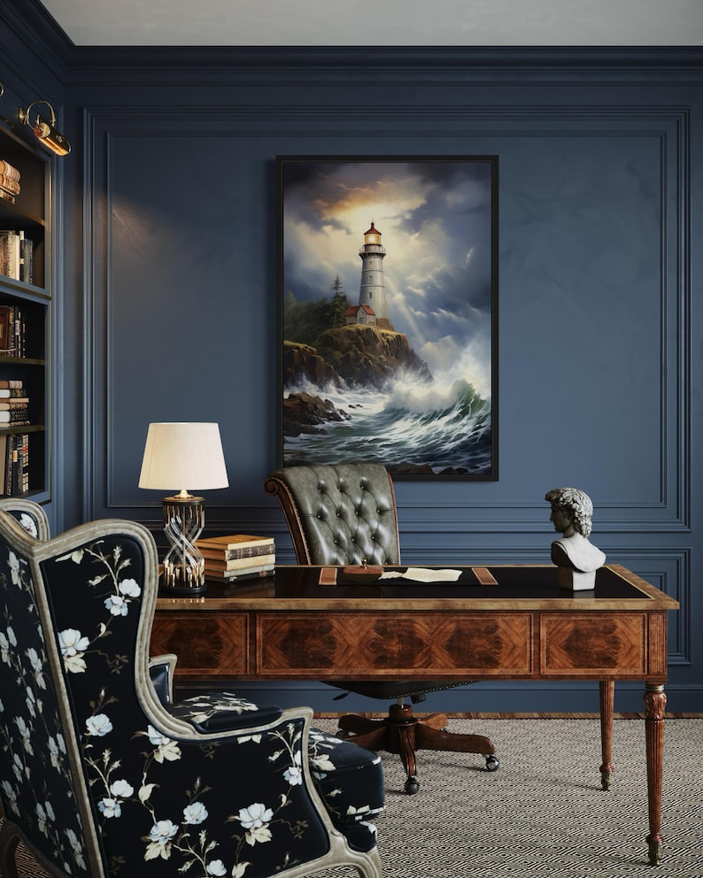 a serene and elegant office space with a large painting of a lighthouse on the wall, a wooden desk with a lamp, and a comfortable armchair.