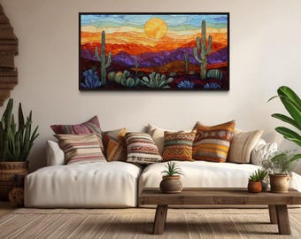Colorful Desert Wall Art - Stained Glass Style Desert Cacti And Blooms Painting Canvas PRINT, Southwestern Decor, Framed Ready To Hang