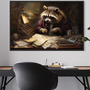 Office Decor - Raccoon Accountant Counting Money Painting Canvas PRINT, Bookkeeper Gift, Funny Gift For Boss, Coworker Framed Ready To Hang