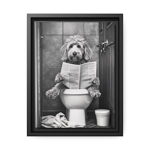 Funny Goldendoodle Bathroom Canvas Art - Dog On Toilet Reading Newspaper Humor Wall Decor