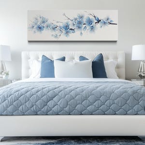 Above Bed Wall Art Soft Blue Blossom Flowers Painting Long Horizontal Canvas PRINT, Boho Botanical Long Horizontal Wall Decor