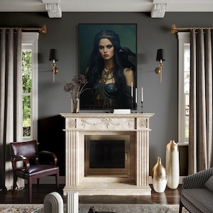 a living room with a fireplace, a large portrait of a woman, and various decorative elements such as vases and a rug.