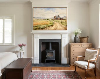 Farm  And Barn in The Field Retro Painting Canvas PRINT, Farmhouse Wall Art Rustic Wall Decor Ready To Hang