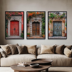 Set Of Three Mexican Wall Art, Colorful Mexican Doors Painting Canvas PRINT, Traditional Hacienda Architecture Wall Decor Ready To Hang