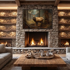 Elk in Fir Tree Forest Wall Art - Rustic Cabin Decor - Deer Painting -  Framed Or Unframed Ready To Hang