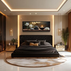 a luxurious bedroom with a large bed, a black headboard, and a framed artwork on the wall. The room has a marble floor, gold accents, and a large window with curtains. The overall design and decor create a sense of opulence and comfort.