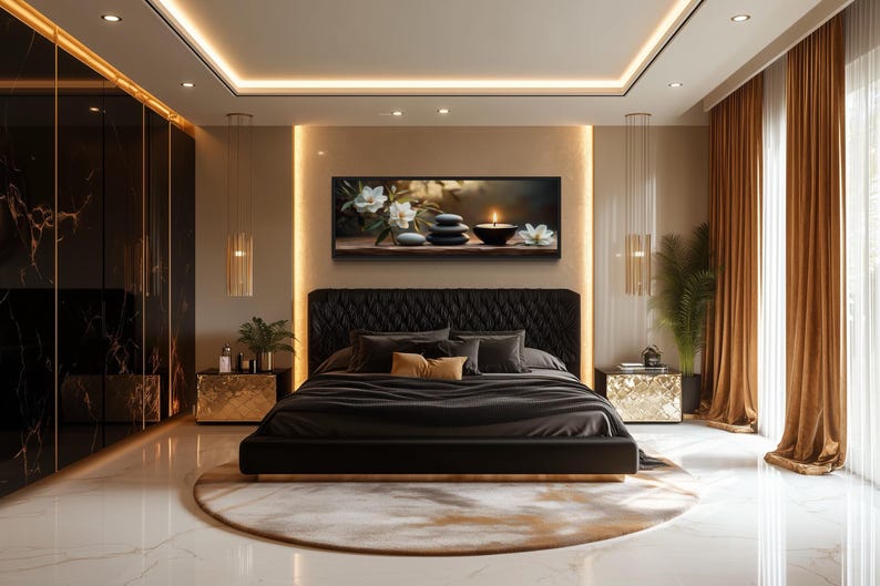 a luxurious bedroom with a large bed, a black headboard, and a framed artwork on the wall. The room has a marble floor, gold accents, and a large window with curtains. The overall design and decor create a sense of opulence and comfort.