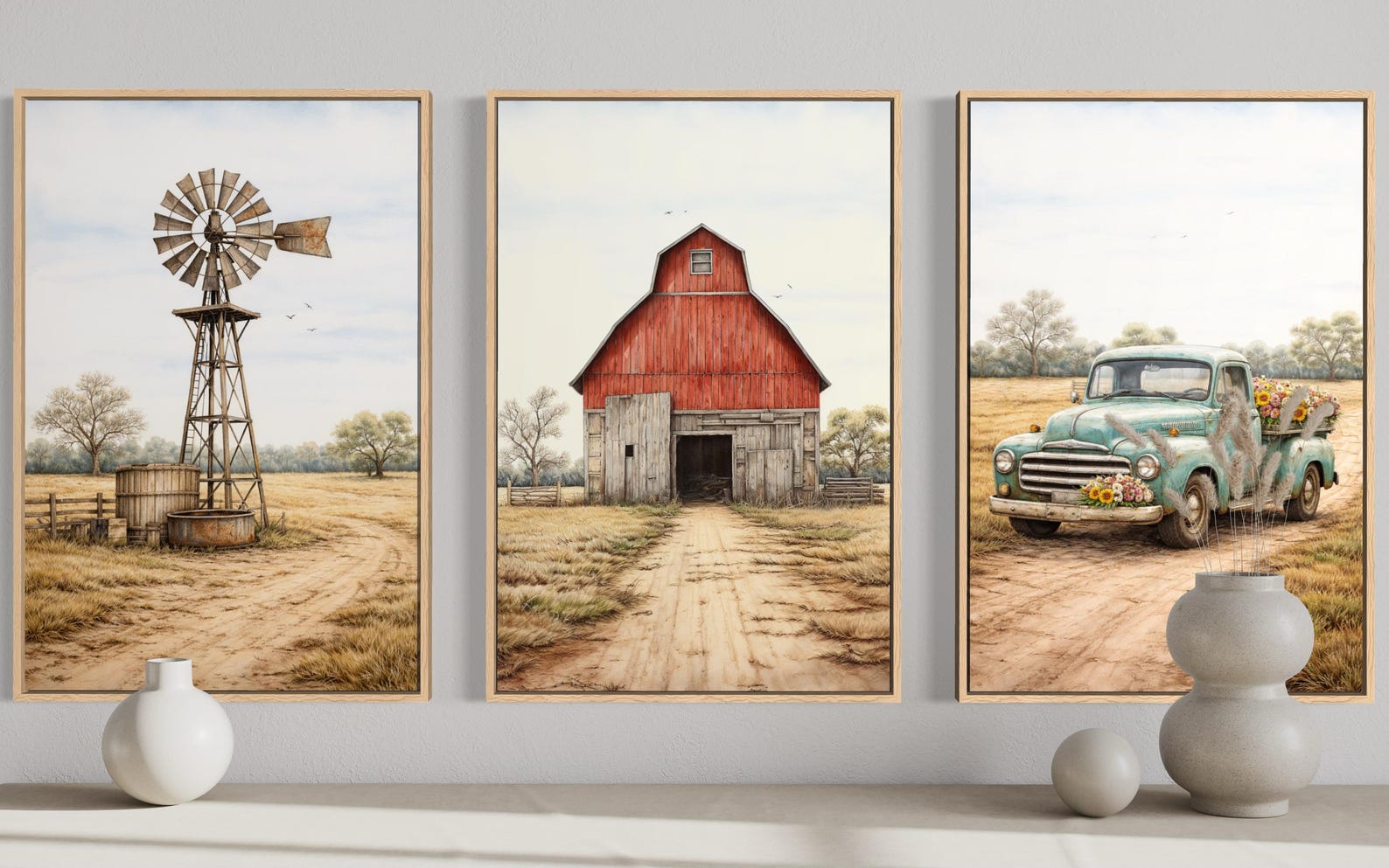 Farmhouse Wall Art Set of 3 Canvas Print, Barn Windmill and Vintage ...