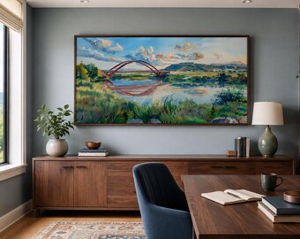 Pennybacker Bridge Watercolor Painting Canvas PRINT, Austin Texas Wall Art, Framed Ready To Hang