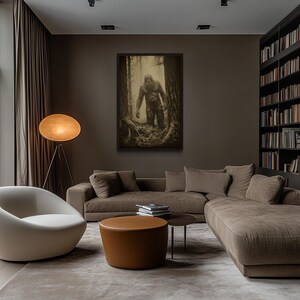 a modern living room with a large bookshelf filled with books, a comfortable sofa, a round coffee table, and a floor lamp.