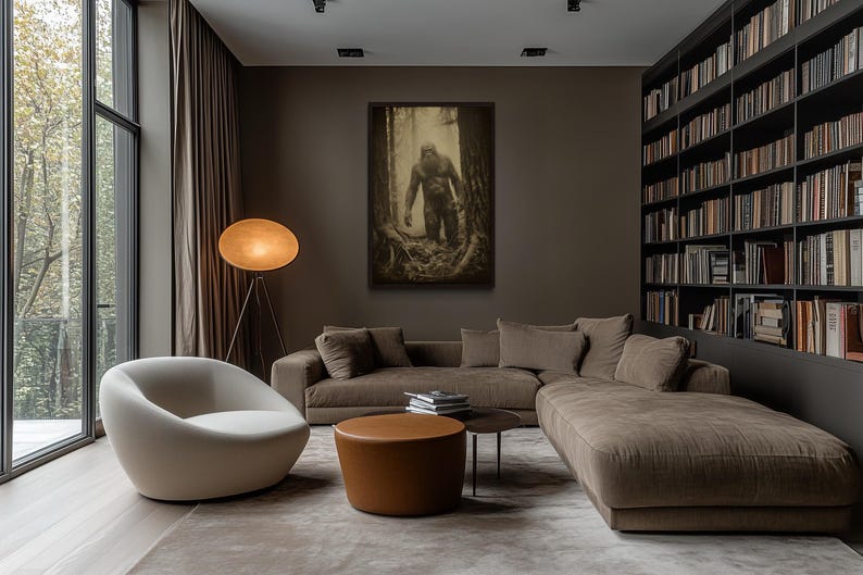 a modern living room with a large bookshelf filled with books, a comfortable sofa, a round coffee table, and a floor lamp.