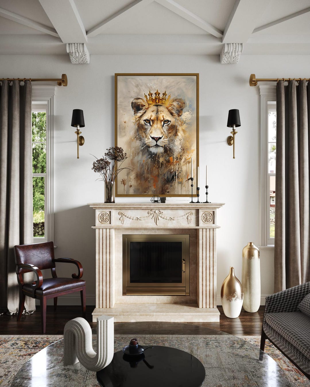 Lioness Queen With Crown Wall Art, Beige Gold Feminist Wall Art Extra ...