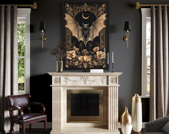 Gothic Bat Wall Art, Victorian Moonlit Bat And Floral Illustration, Vintage Occult Aesthetic Canvas Print, Moody Dark Decor Ready To Hang