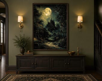 May include: A framed wall art print depicting a dark, moonlit landscape with a silhouetted castle nestled among trees. The artwork features a large, glowing full moon in a night sky, hanging above a dark wooden console table in a room with olive walls.