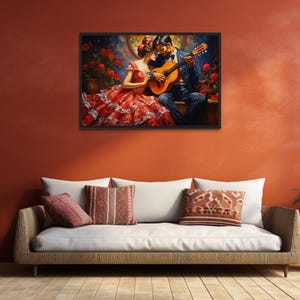 a cozy living room with a large, colorful painting of a couple playing guitar hanging on the wall above a comfortable couch with pillows.