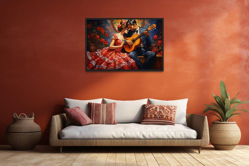 a cozy living room with a large, colorful painting of a couple playing guitar hanging on the wall above a comfortable couch with pillows.