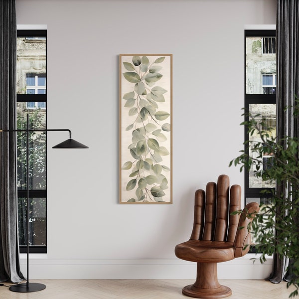 Tall Narrow Retro Leaves Painting Canvas Print, Long Vertical Sage Green Beige Watercolor Retro Wall Art Tall Artwork Ready To Hang