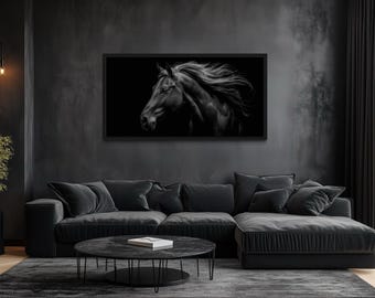 Black Horse Wall Art – Elegant Equestrian Canvas Print, Modern Stallion Painting, Horizontal Framed Animal Wall Decor for Living Room