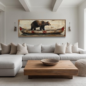 Bear In Canoe Wall Art, Long Horizontal Canvas Print Bear Painted on Wood, Rustic Cabin Wall Art, Lodge Decor Framed Ready To Hang