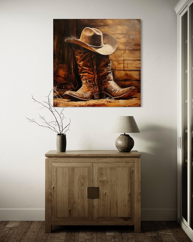 a wooden cabinet with a lamp on top, and a painting of a cowboy hat and boots hanging on the wall above it.