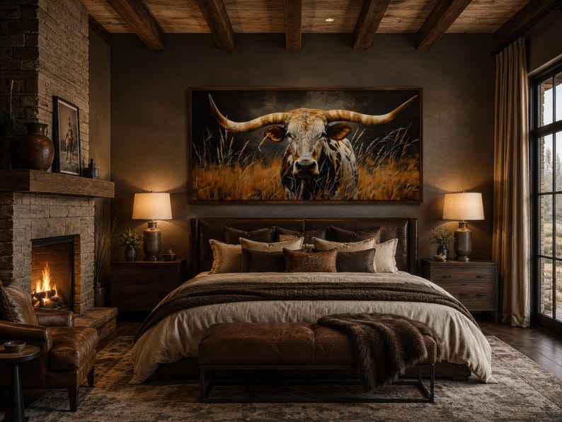 May include: A luxurious bedroom with a rustic theme. A large painting of a longhorn bull hangs above a bed with brown leather headboard and multiple pillows. A fireplace and leather chair are visible on the left, with lamps on either side of the bed.